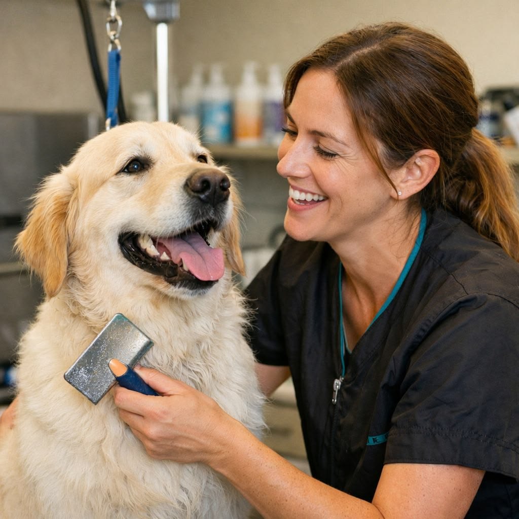 Dog getting groomed